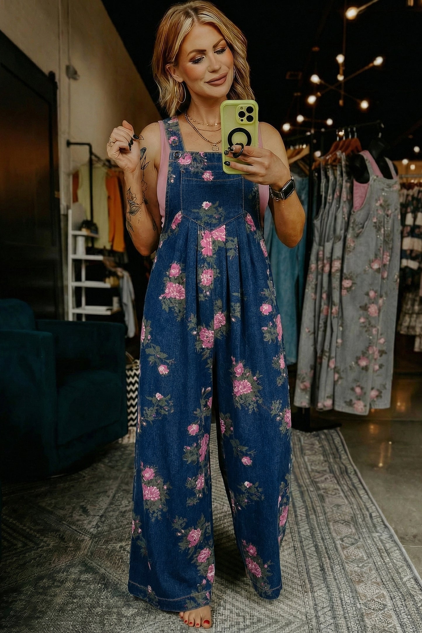 Beau Blue Floral Print Pleated High Waist Wide Leg Denim Jumpsuit