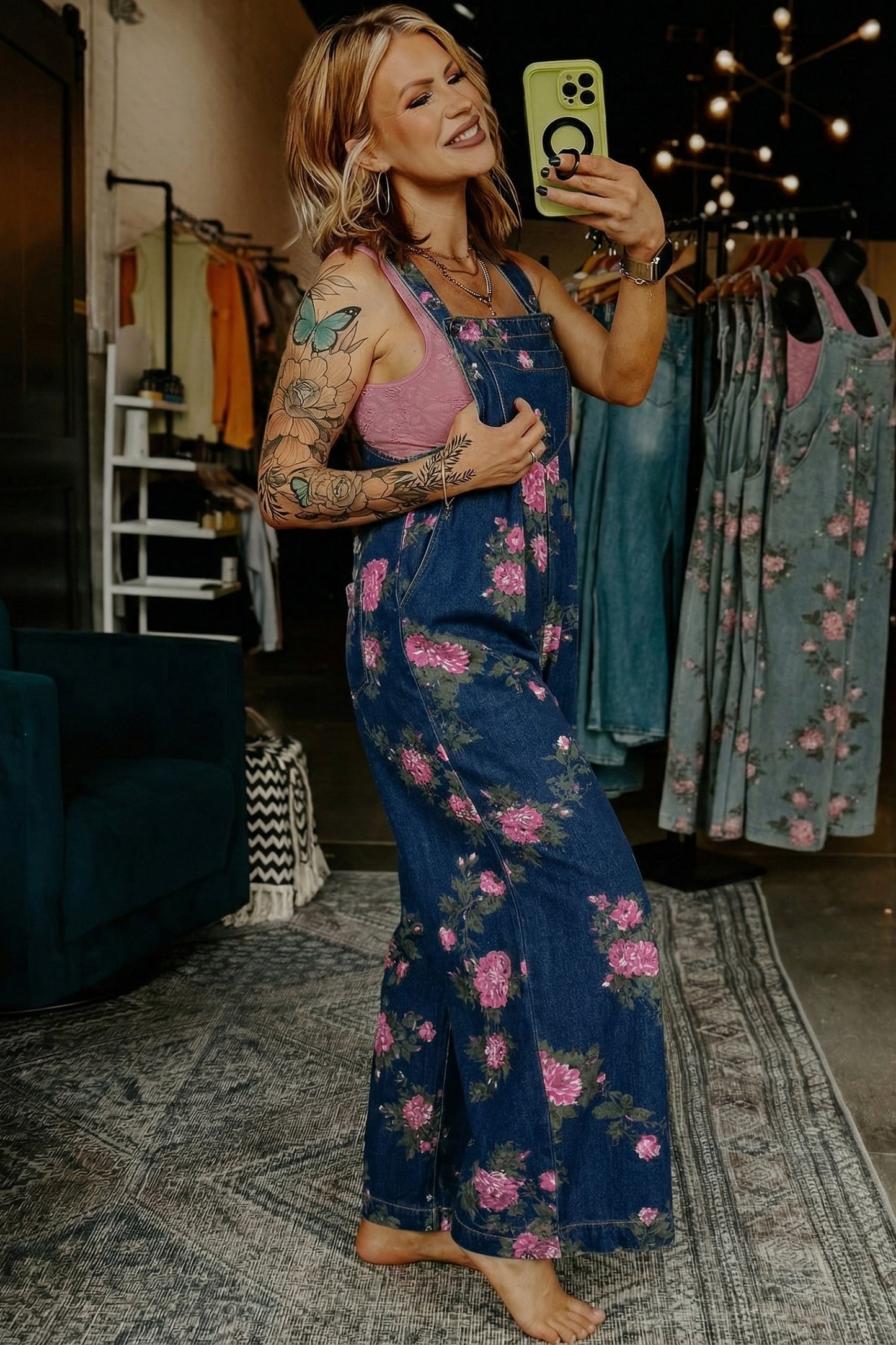 Beau Blue Floral Print Pleated High Waist Wide Leg Denim Jumpsuit
