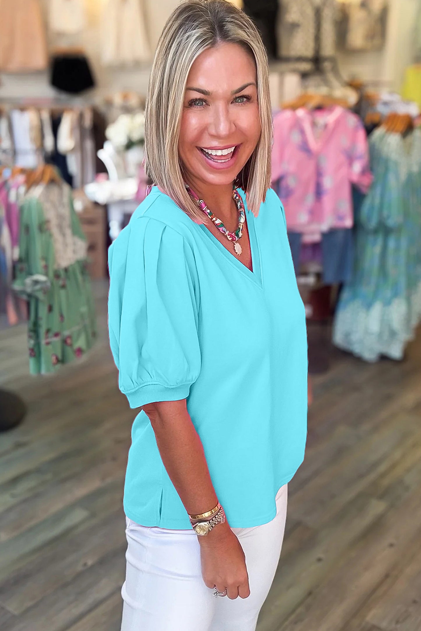 Bonbon Solid Color V Neck Short Puff Sleeve Blouse
