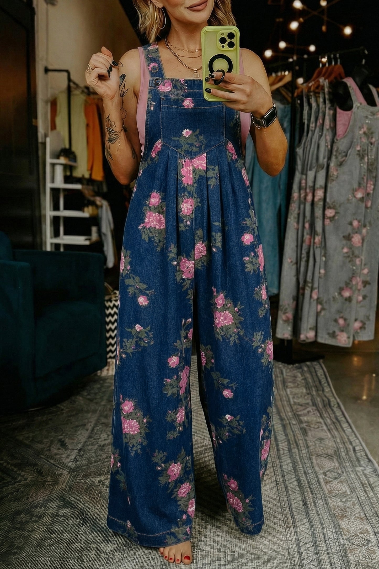 Beau Blue Floral Print Pleated High Waist Wide Leg Denim Jumpsuit